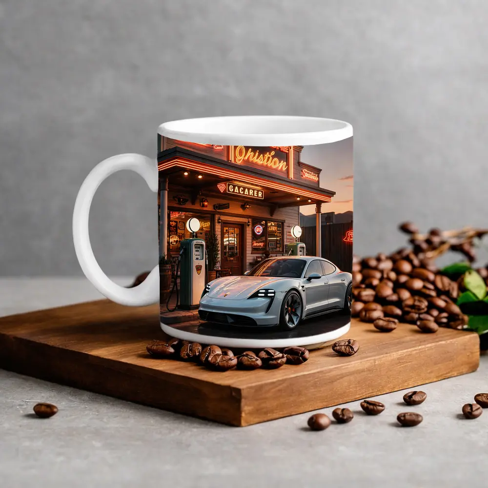 Porsche Taycan At Retro Neon Gas Station – Mugs