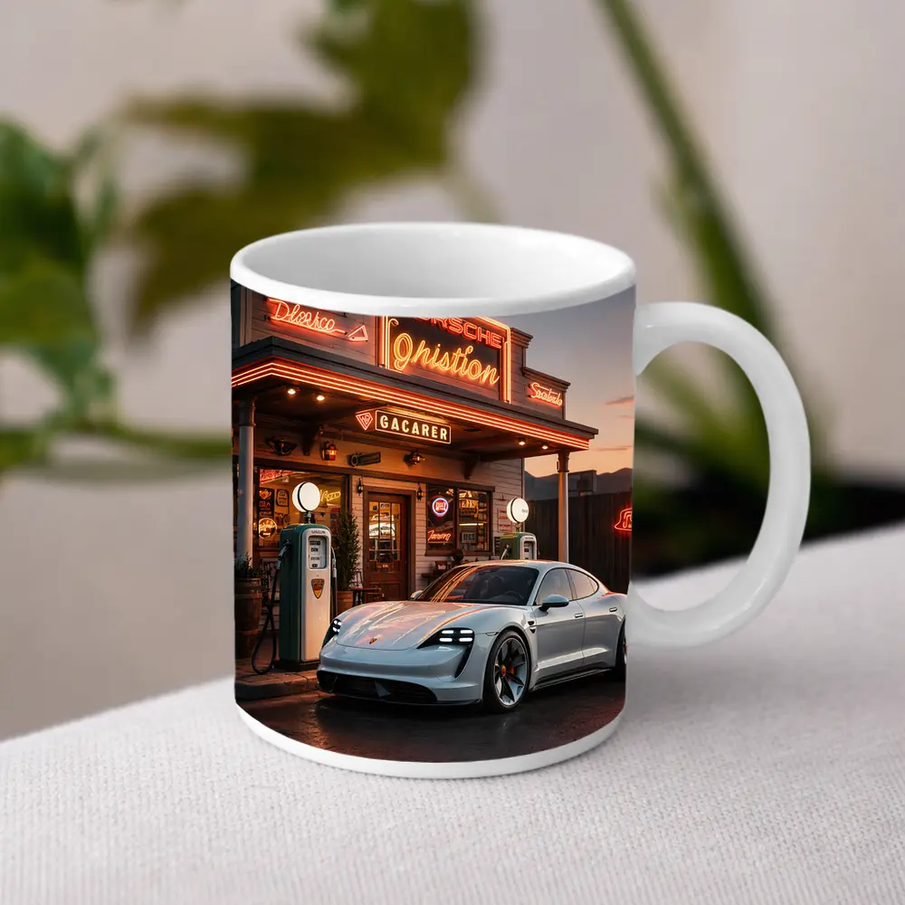 Porsche Taycan At Retro Neon Gas Station – Mugs
