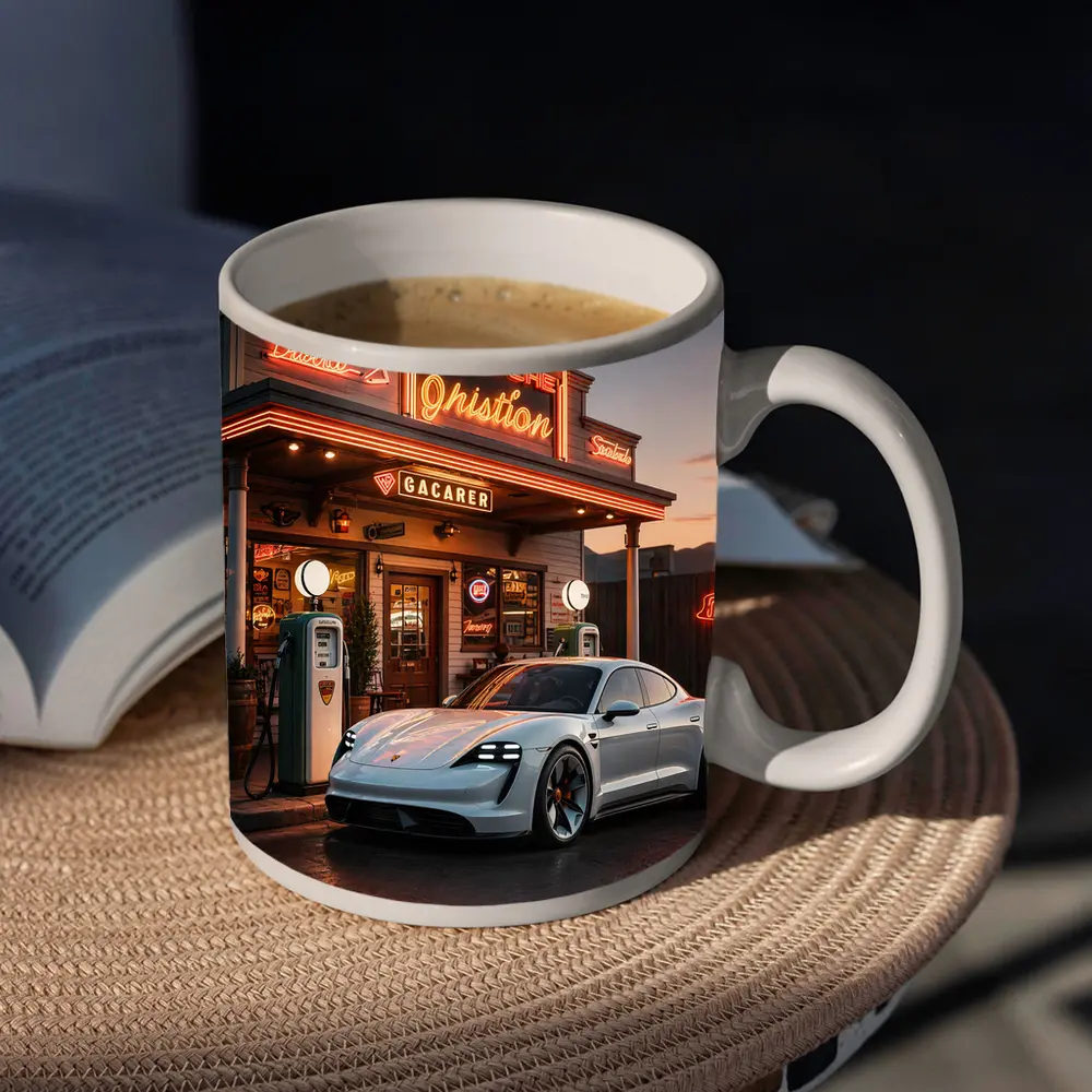 Porsche Taycan At Retro Neon Gas Station – Mugs
