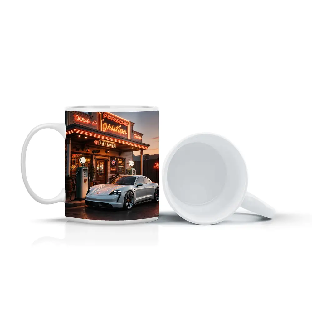 Porsche Taycan At Retro Neon Gas Station – Mugs