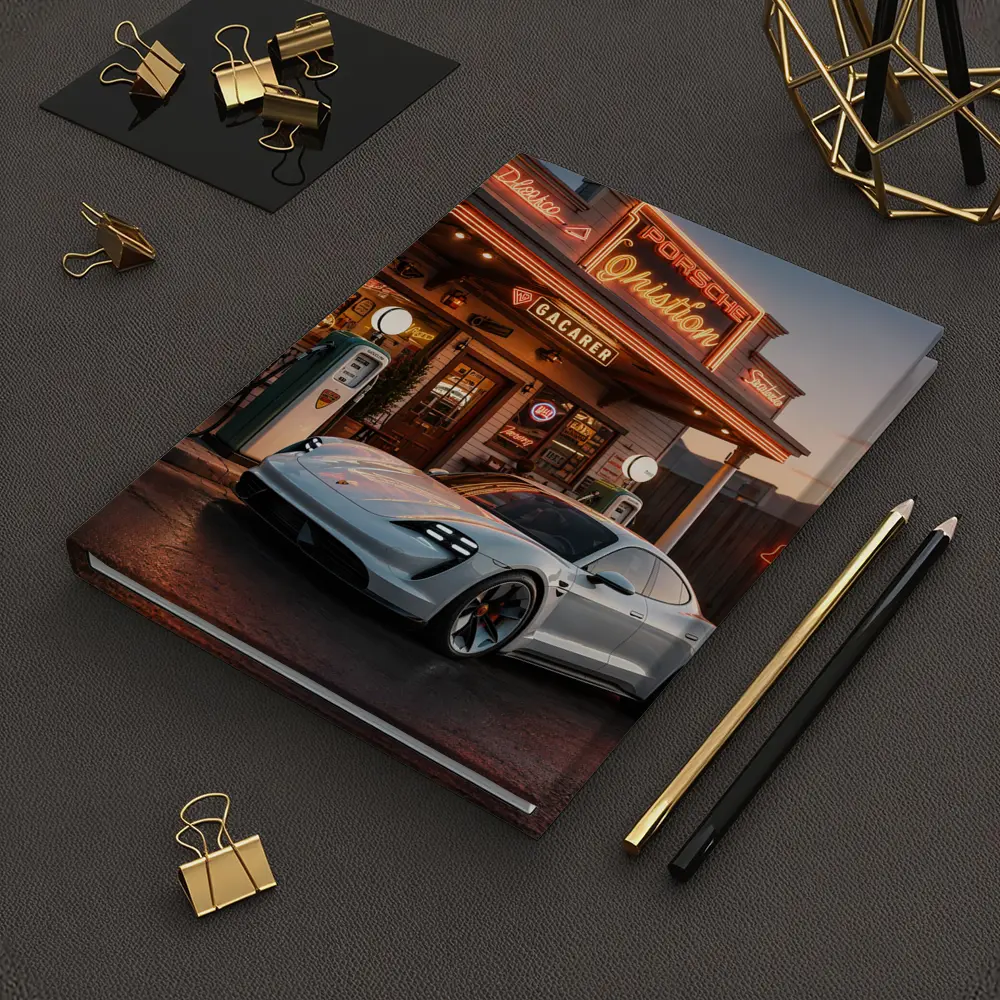 Porsche Taycan At Retro Neon Gas Station – Notebooks