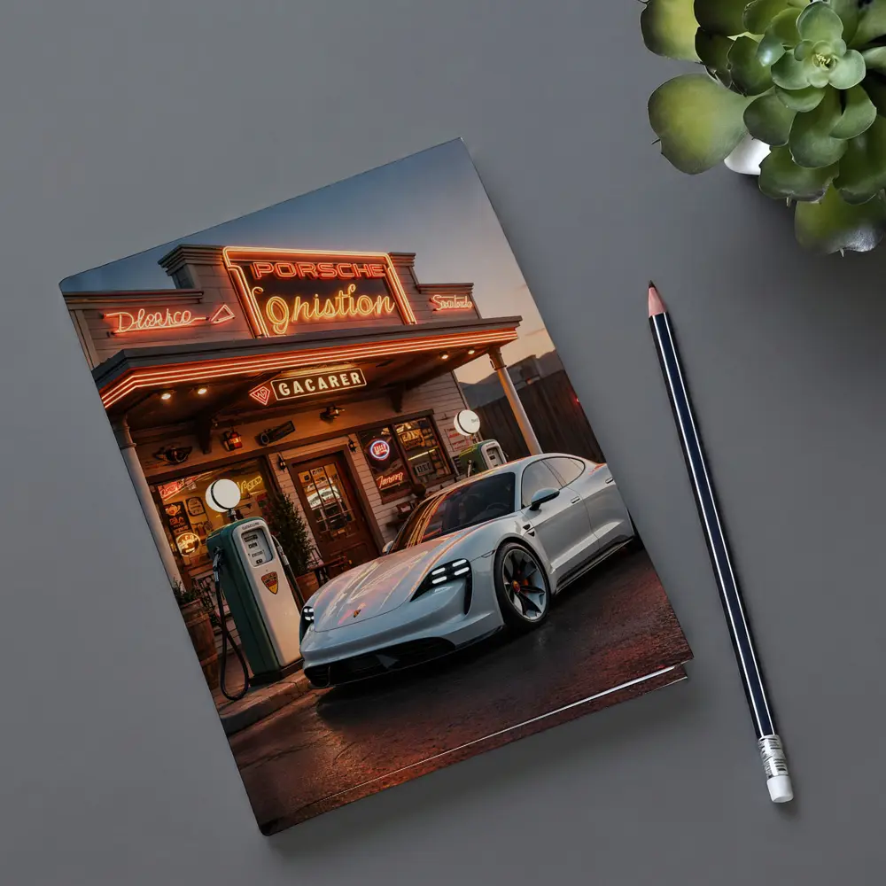 Porsche Taycan At Retro Neon Gas Station – Notebooks