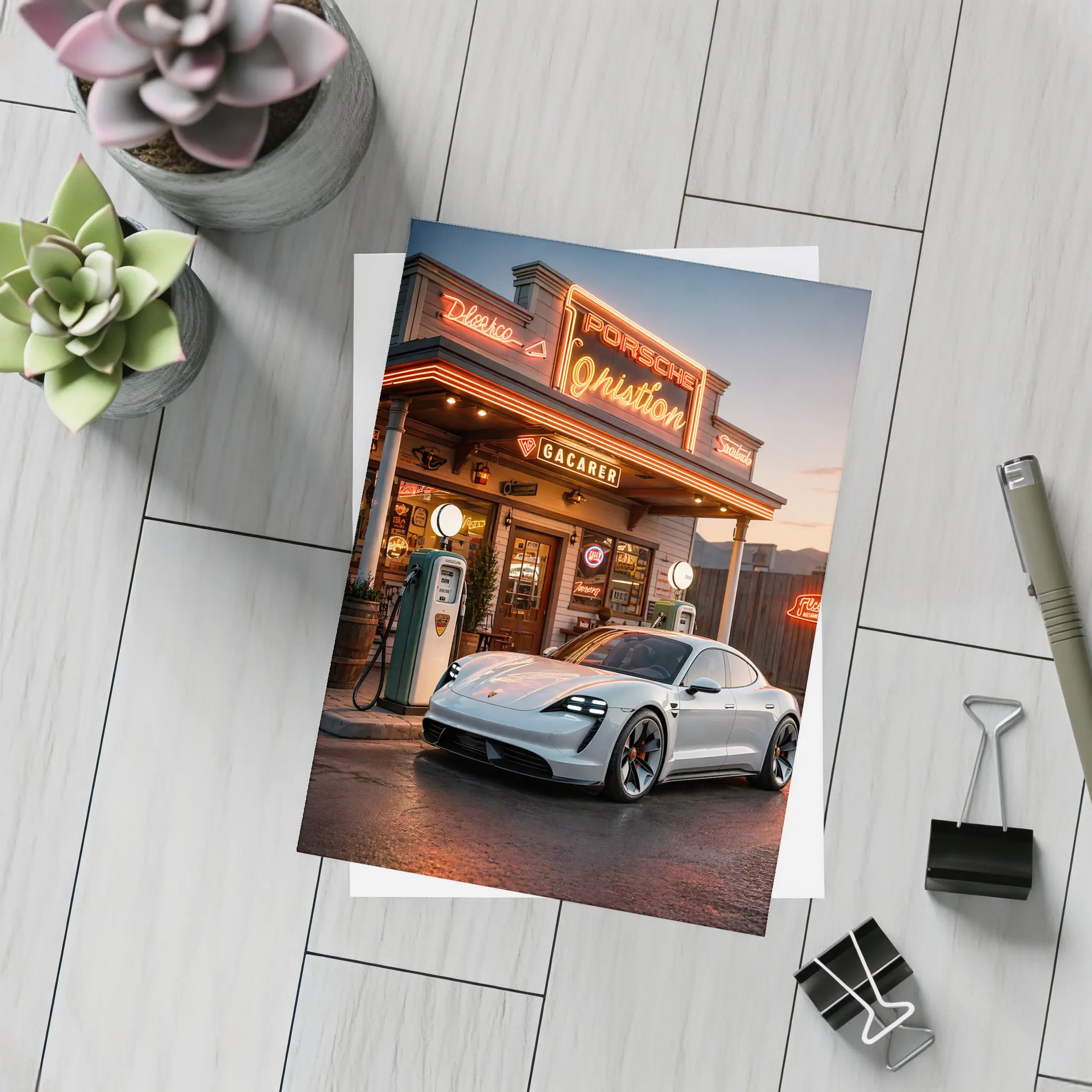 Porsche Taycan At Retro Neon Gas Station – Postcards