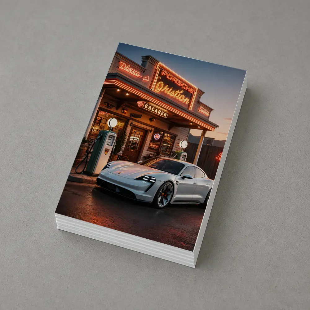 Porsche Taycan At Retro Neon Gas Station – Postcards