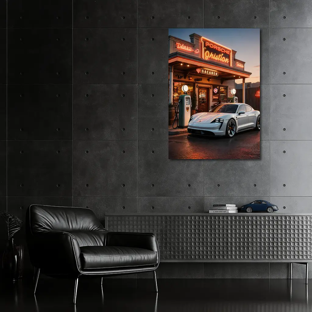 Porsche Taycan At Retro Neon Gas Station – Wall Art