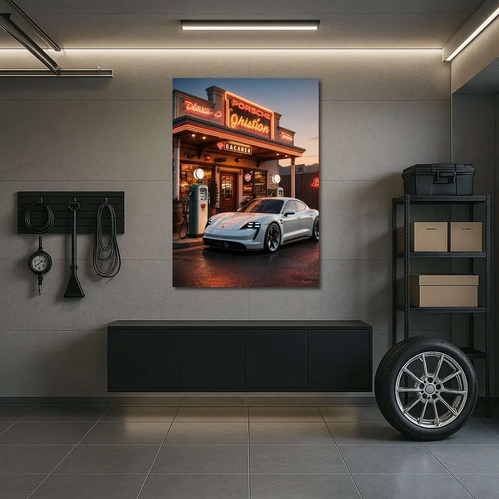 Porsche Taycan At Retro Neon Gas Station – Wall Art