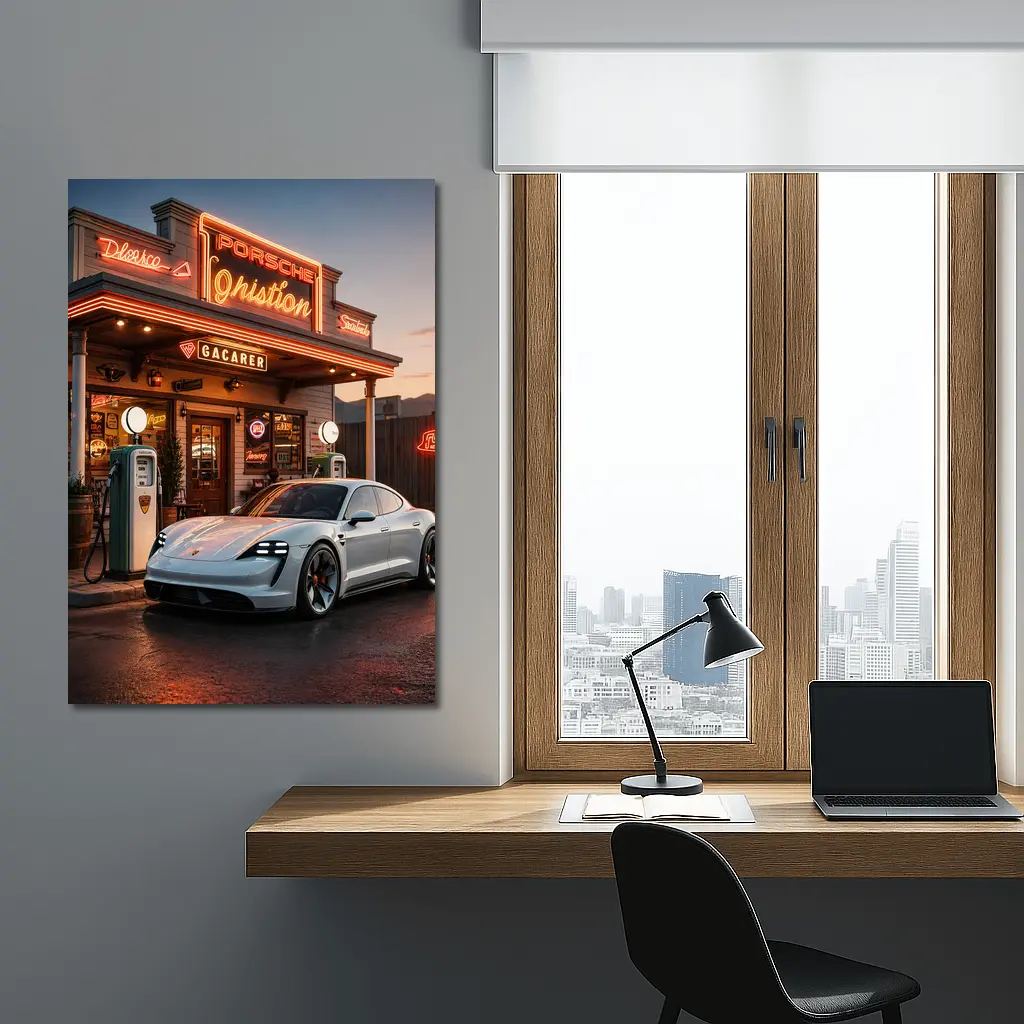 Porsche Taycan At Retro Neon Gas Station – Wall Art
