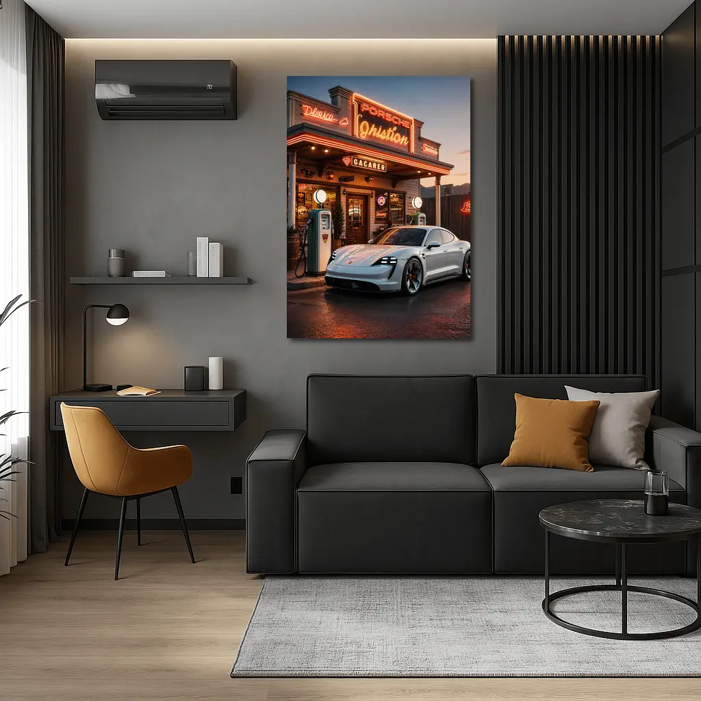 Porsche Taycan At Retro Neon Gas Station – Wall Art