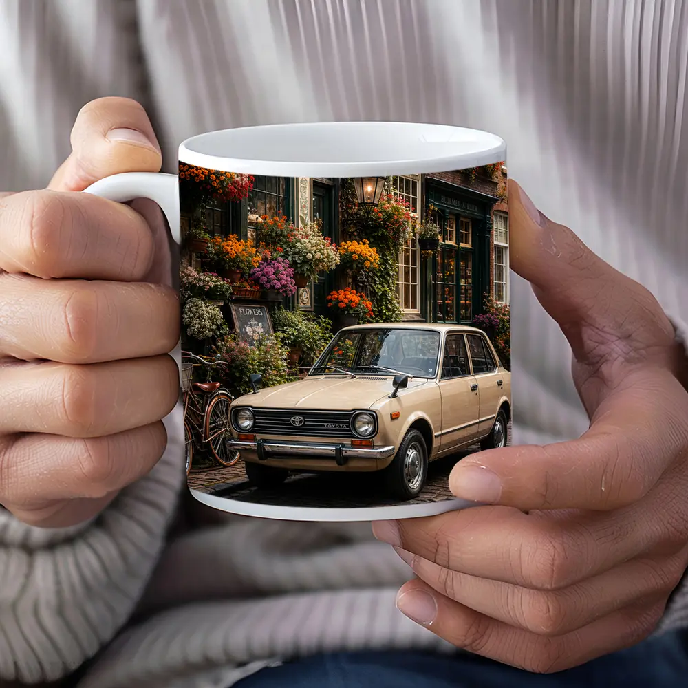 Toyota Corolla Classic Car Cobblestone Street Scene – Mugs