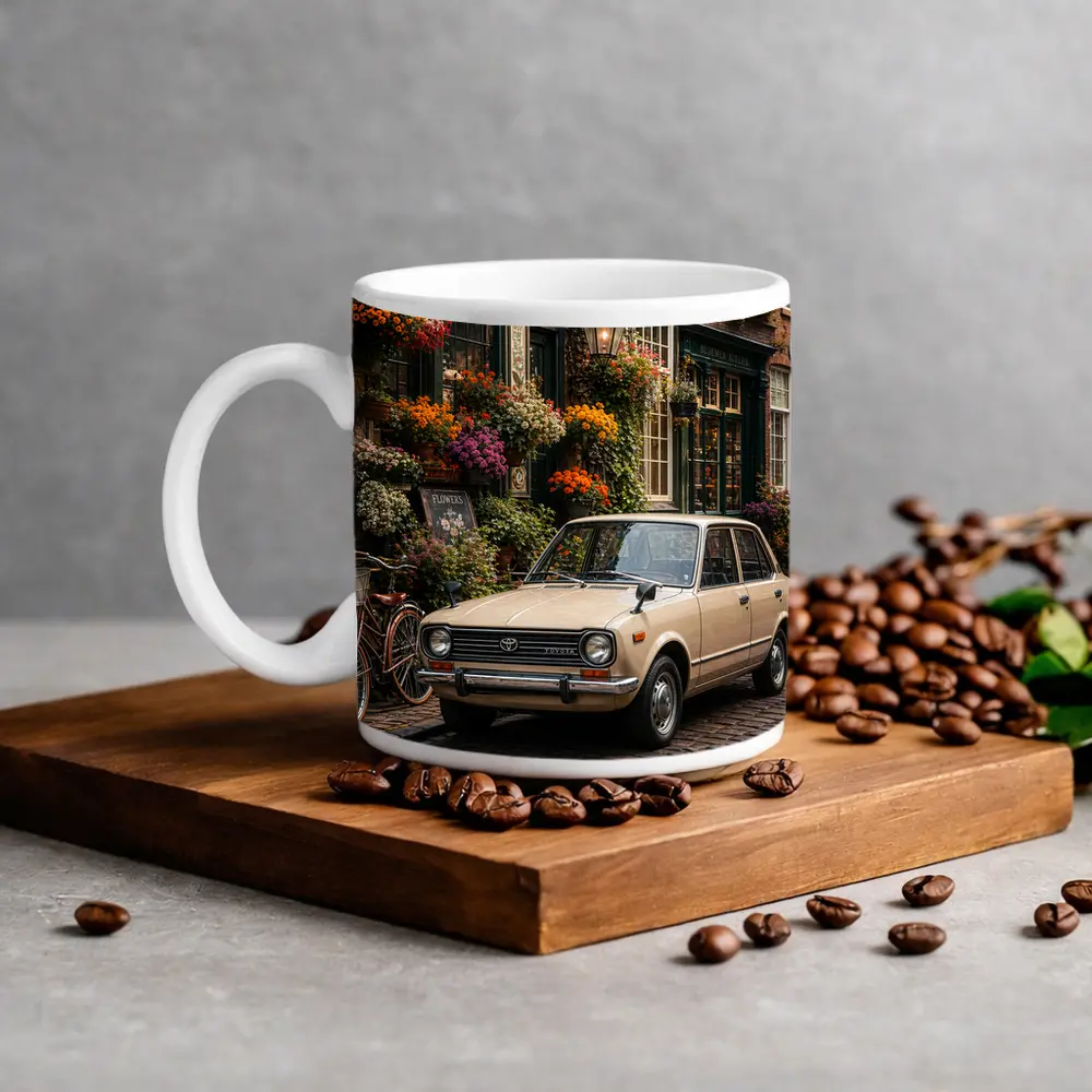 Toyota Corolla Classic Car Cobblestone Street Scene – Mugs