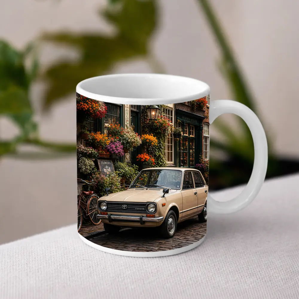Toyota Corolla Classic Car Cobblestone Street Scene – Mugs
