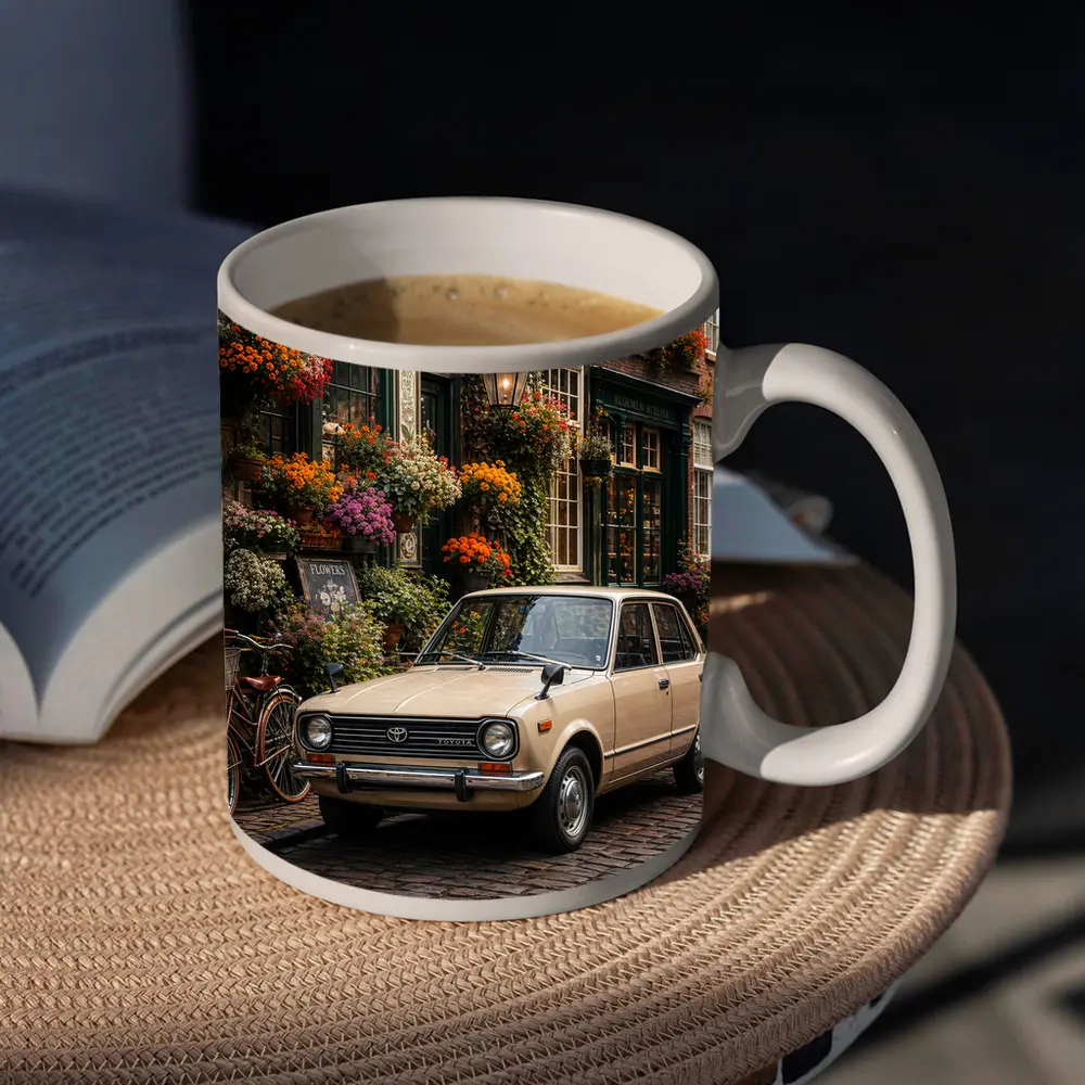 Toyota Corolla Classic Car Cobblestone Street Scene – Mugs