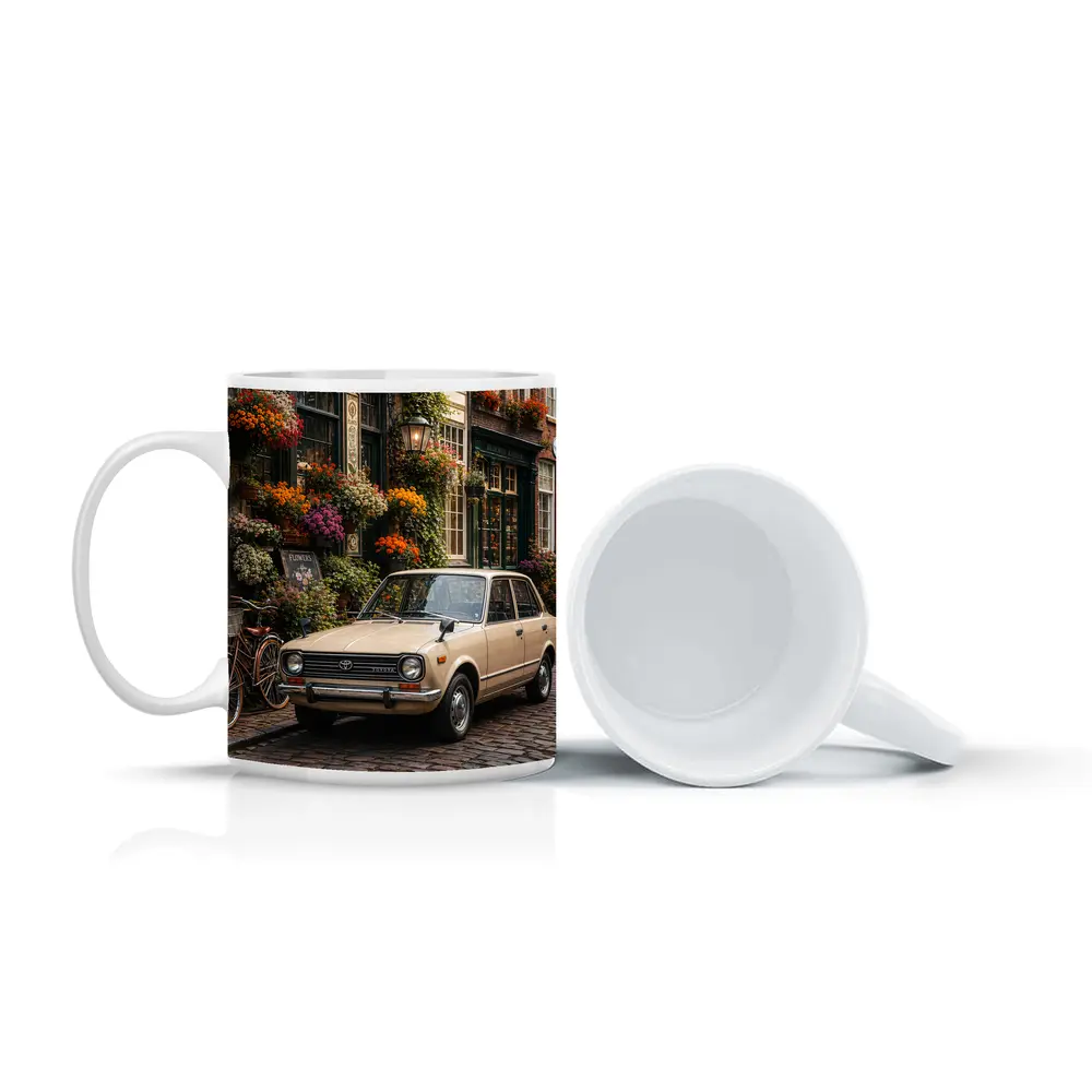 Toyota Corolla Classic Car Cobblestone Street Scene – Mugs