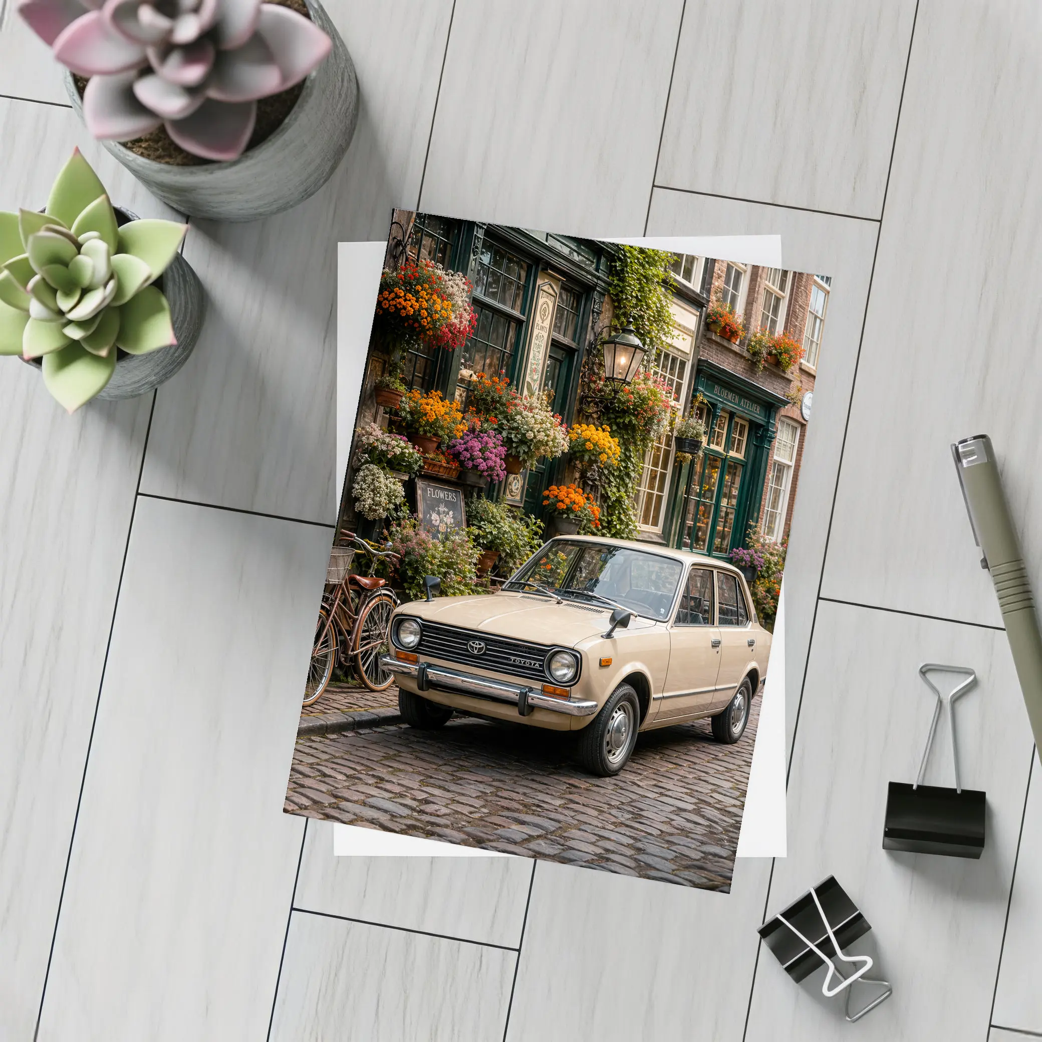 Toyota Corolla Classic Car Cobblestone Street Scene – Postcards