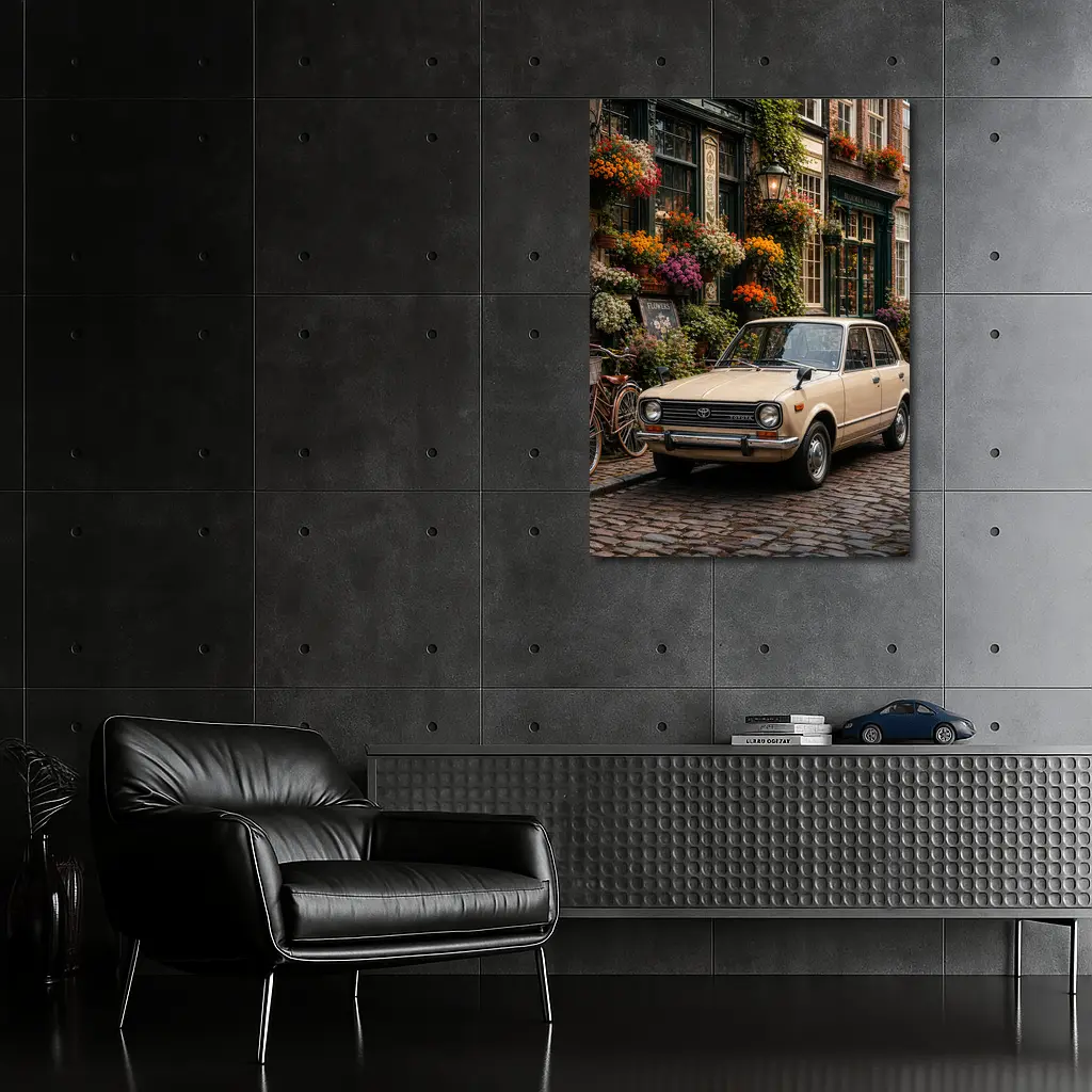 Toyota Corolla Classic Car Cobblestone Street Scene – Wall Art