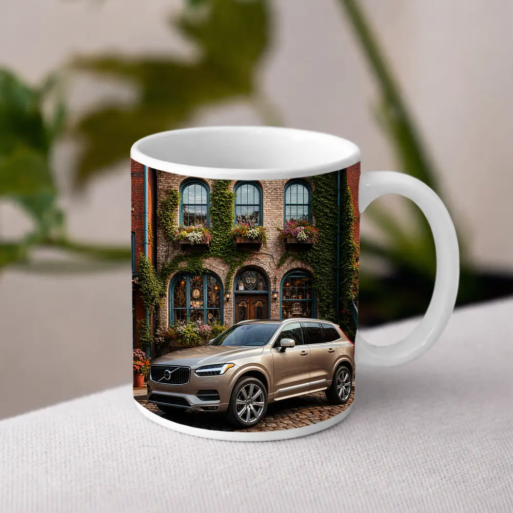 Volvo XC90 Parked Outside Ivy Covered Building – Mugs