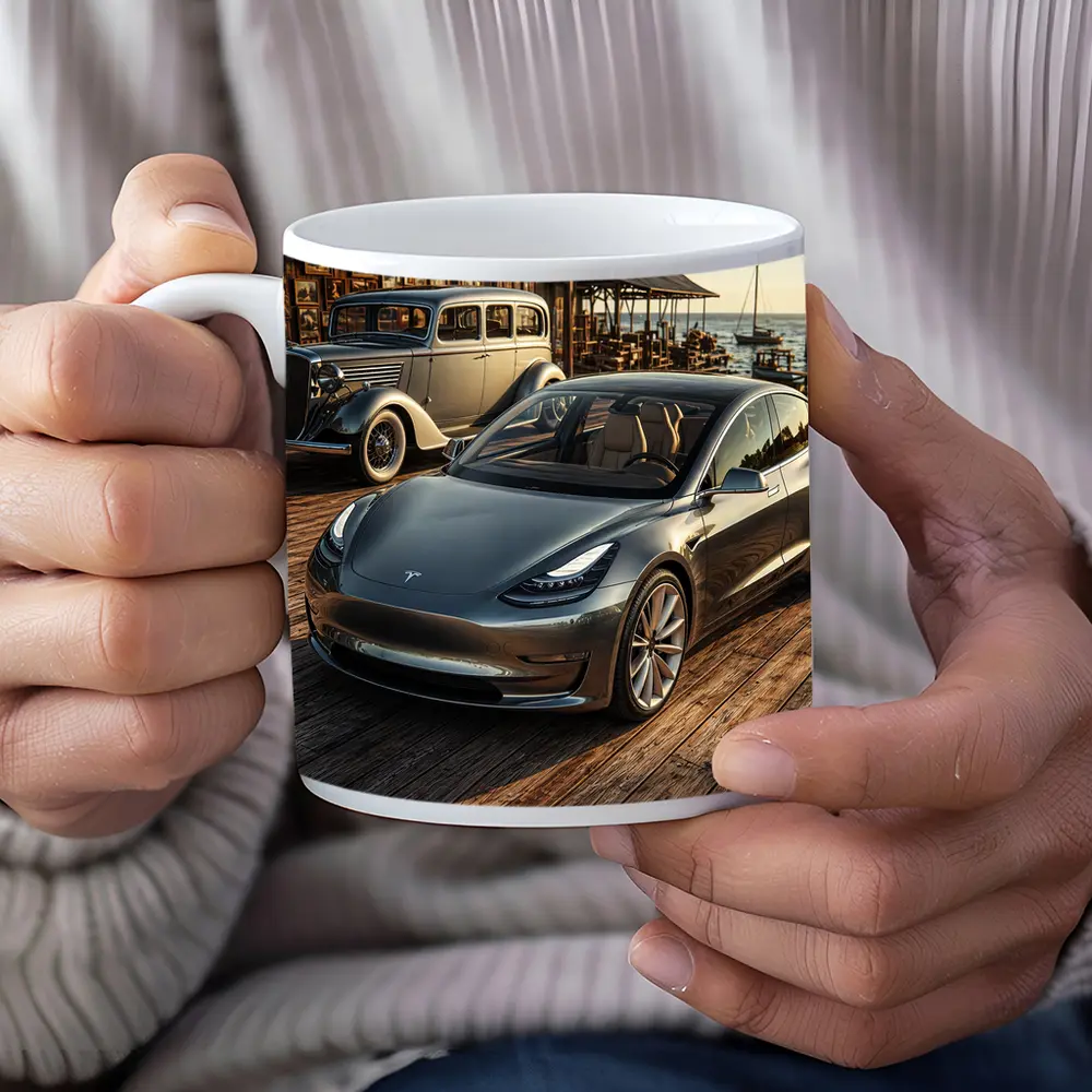 Tesla Model 3 and Vintage Car Dockside – Mugs