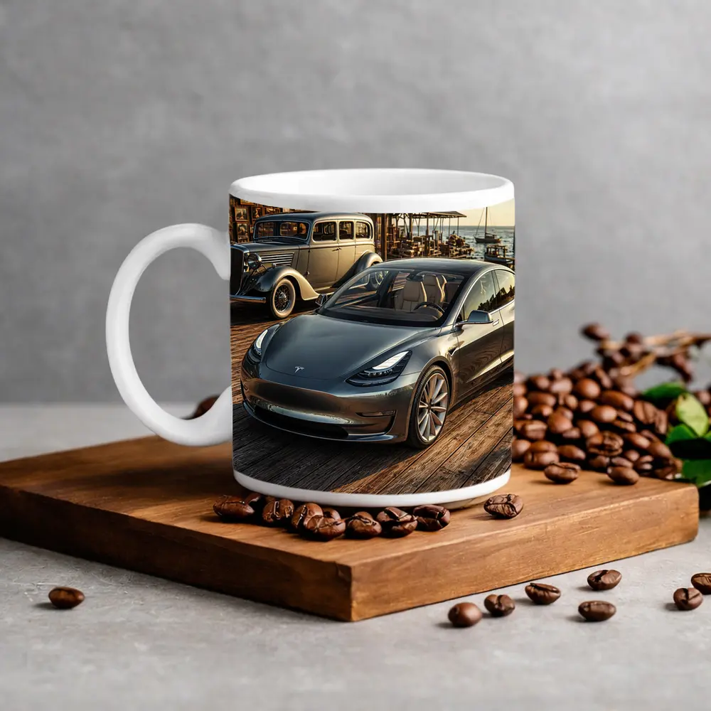 Tesla Model 3 and Vintage Car Dockside – Mugs