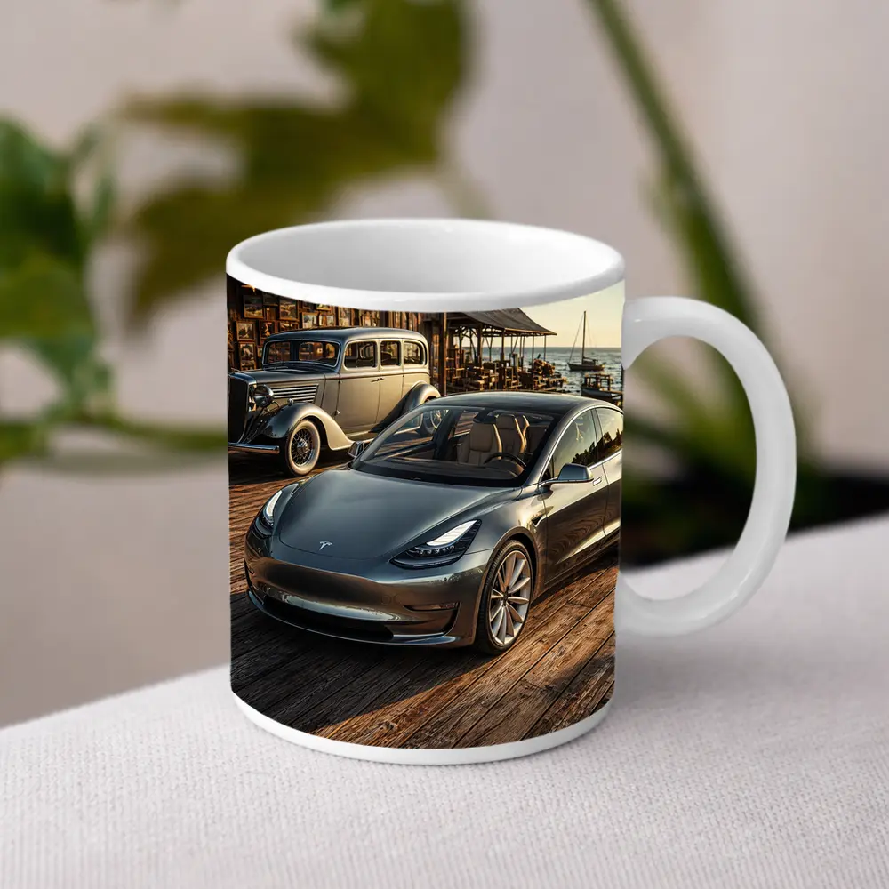 Tesla Model 3 and Vintage Car Dockside – Mugs