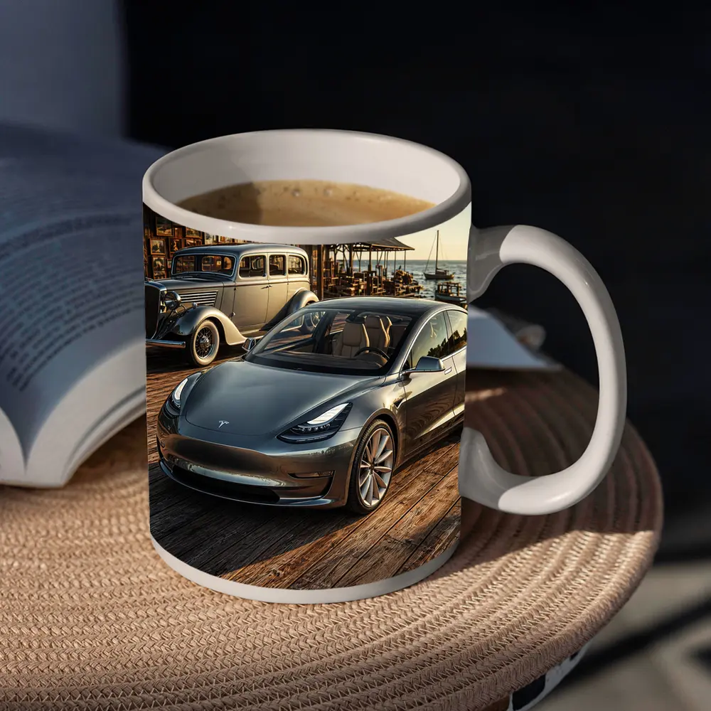 Tesla Model 3 and Vintage Car Dockside – Mugs