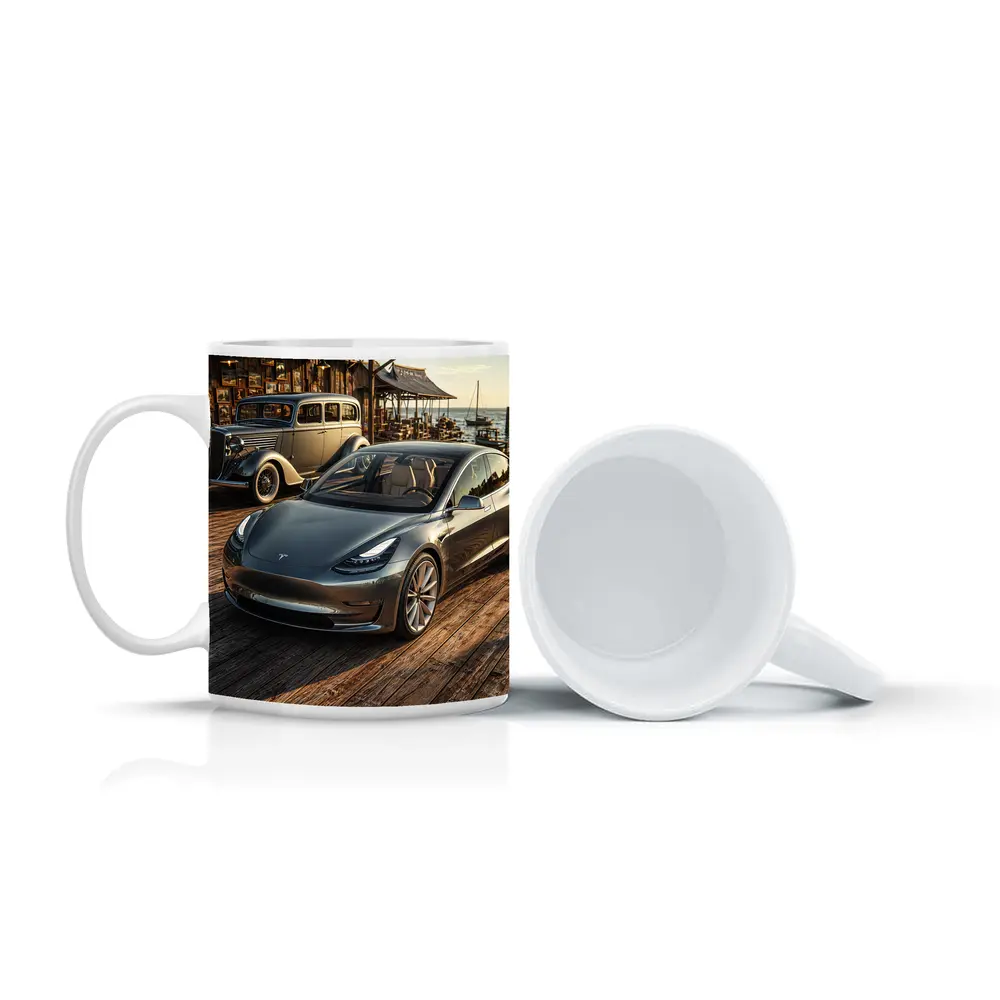 Tesla Model 3 and Vintage Car Dockside – Mugs
