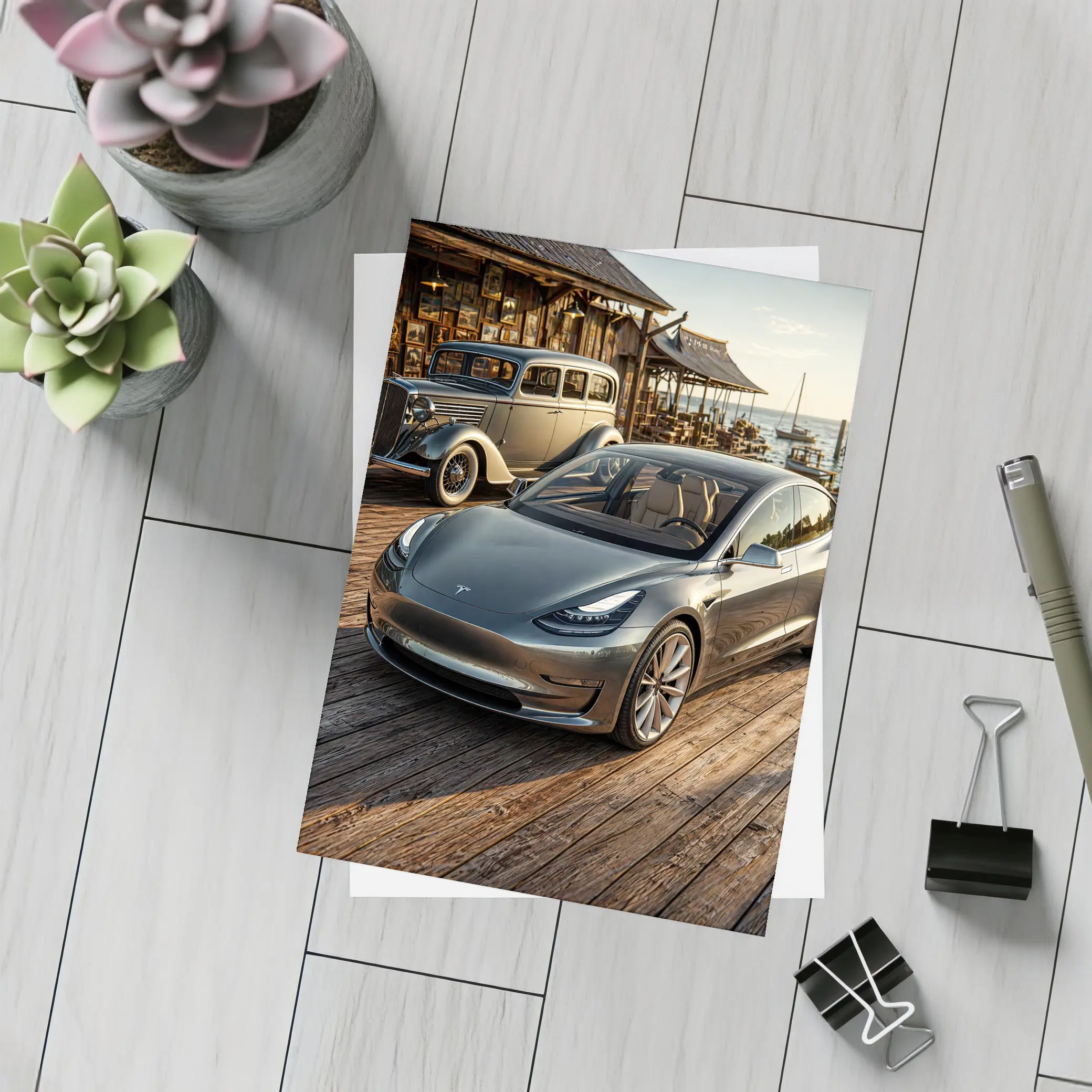 Tesla Model 3 and Vintage Car Dockside – Postcards