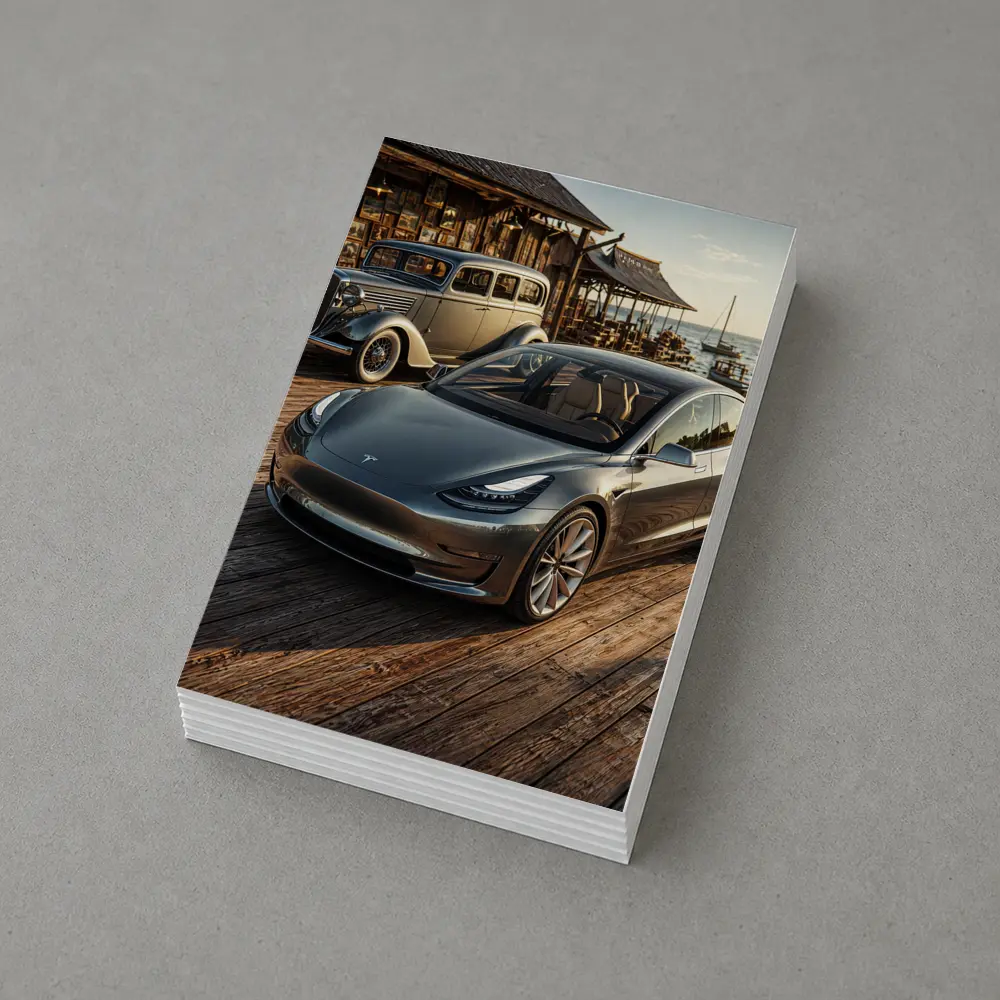 Tesla Model 3 and Vintage Car Dockside – Postcards