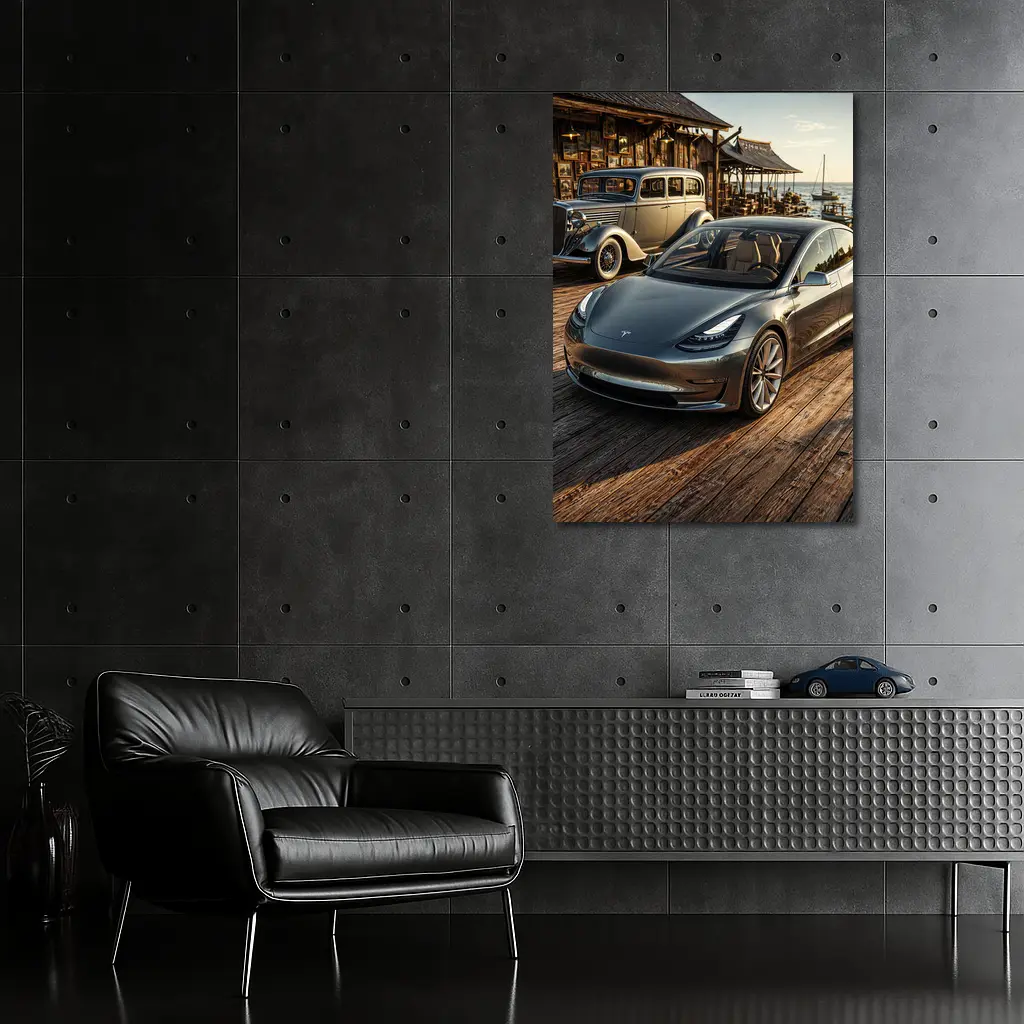 Tesla Model 3 and Vintage Car Dockside – Wall Art