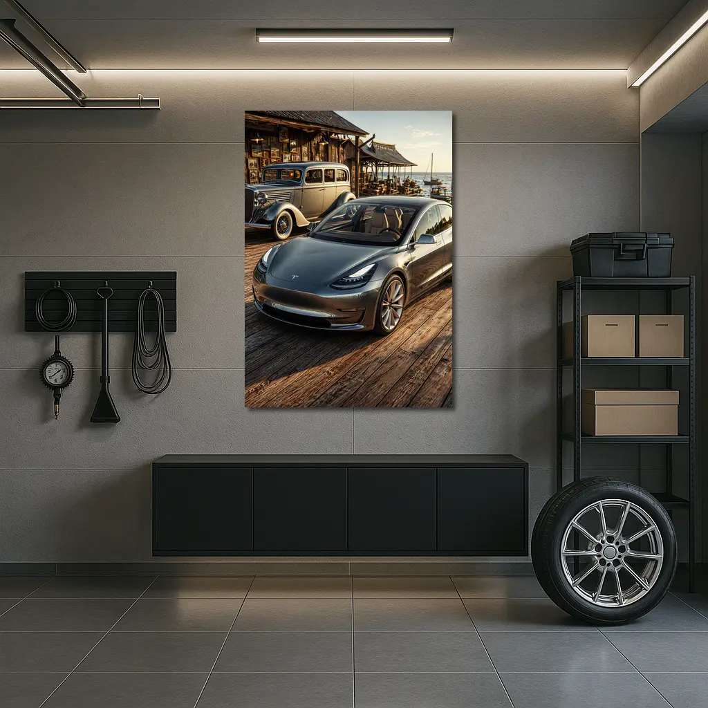 Tesla Model 3 and Vintage Car Dockside – Wall Art