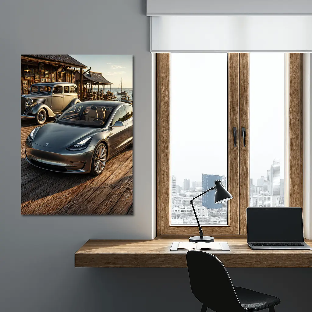 Tesla Model 3 and Vintage Car Dockside – Wall Art