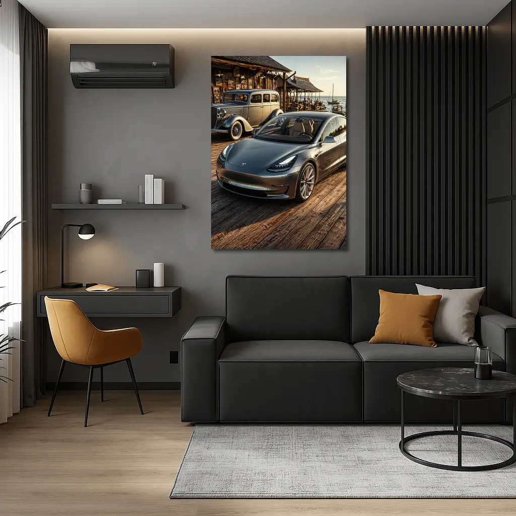 Tesla Model 3 and Vintage Car Dockside – Wall Art