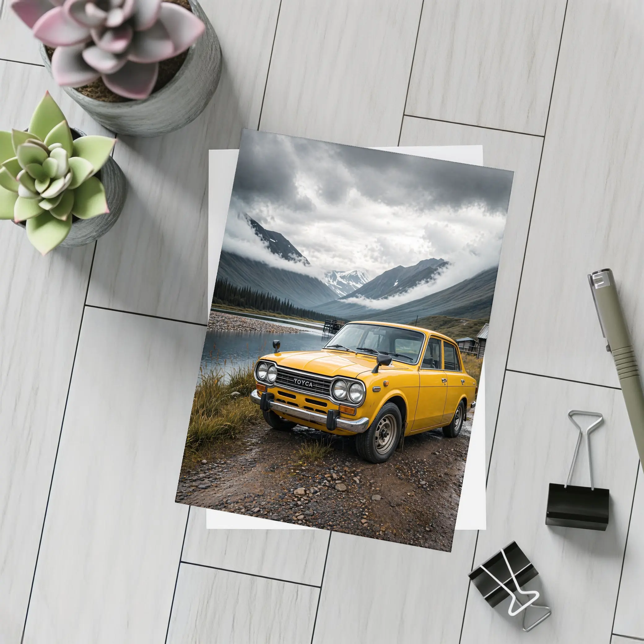 Vintage Toyota Corolla Yellow Mountain Lake – Postcards