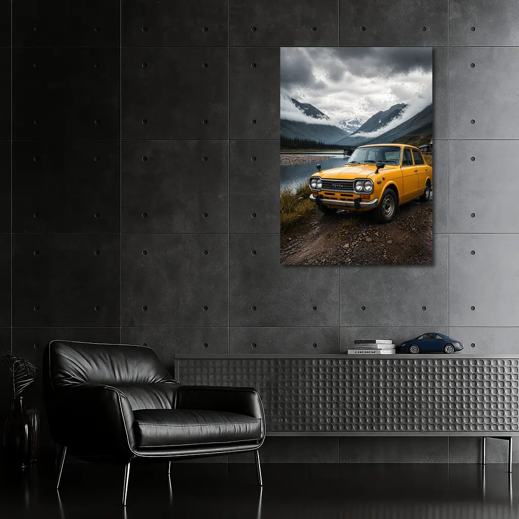 Vintage Toyota Corolla Yellow Mountain Lake – Wall Art