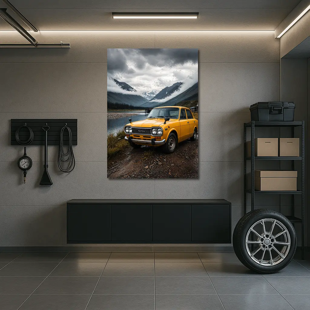 Vintage Toyota Corolla Yellow Mountain Lake – Wall Art