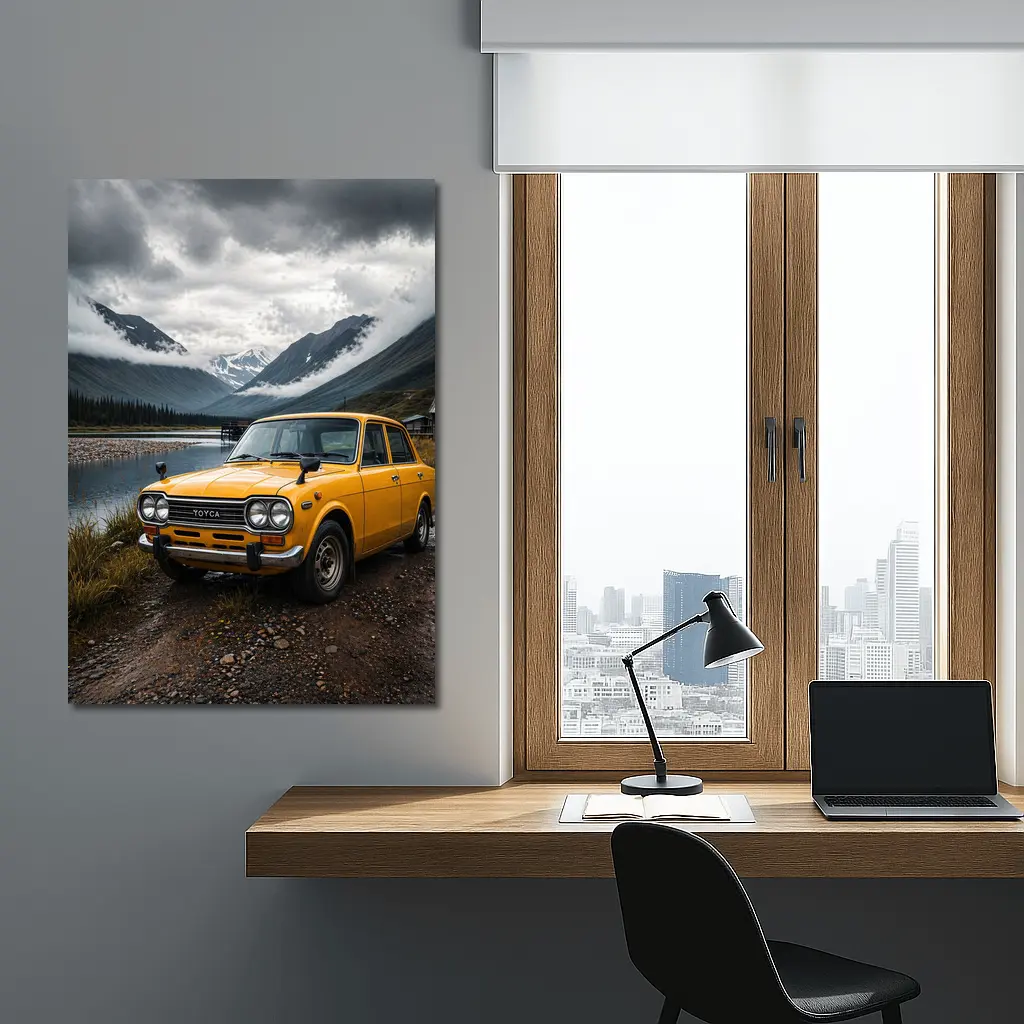 Vintage Toyota Corolla Yellow Mountain Lake – Wall Art