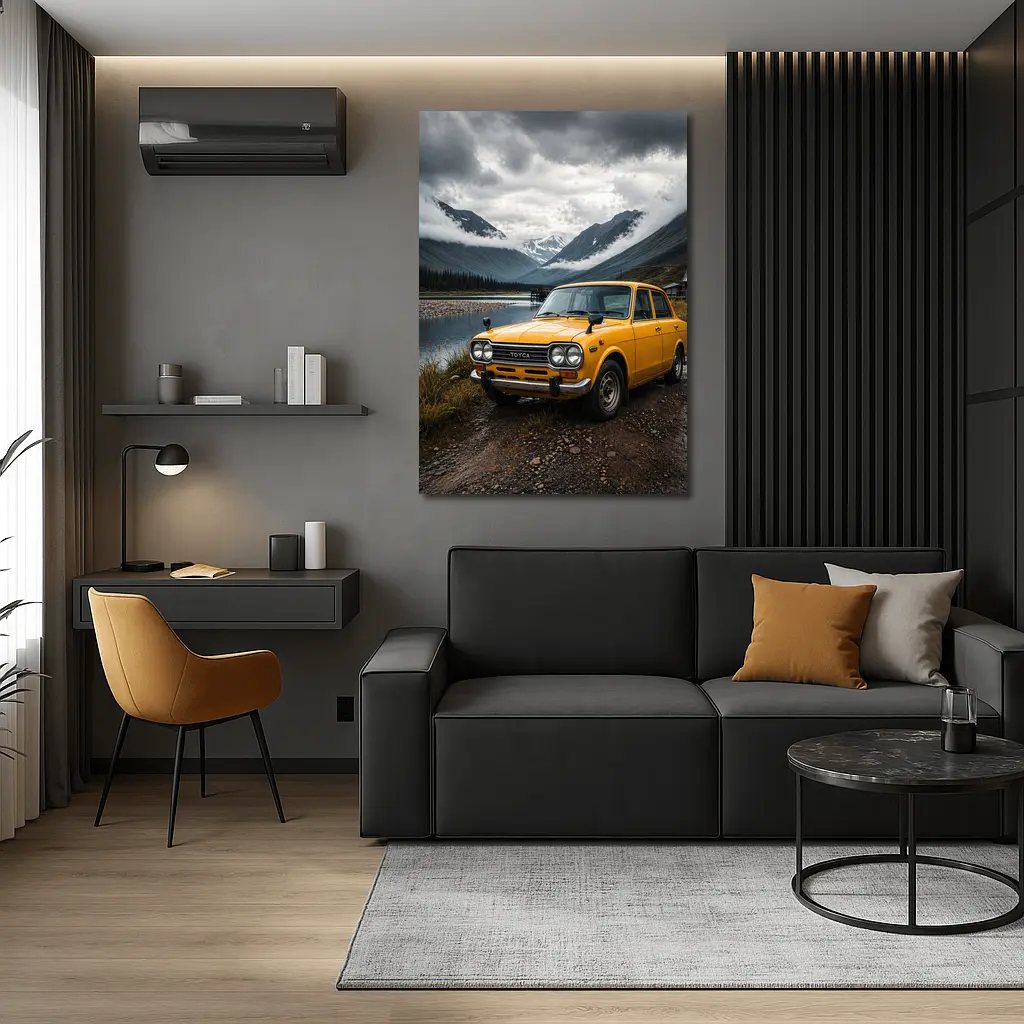 Vintage Toyota Corolla Yellow Mountain Lake – Wall Art