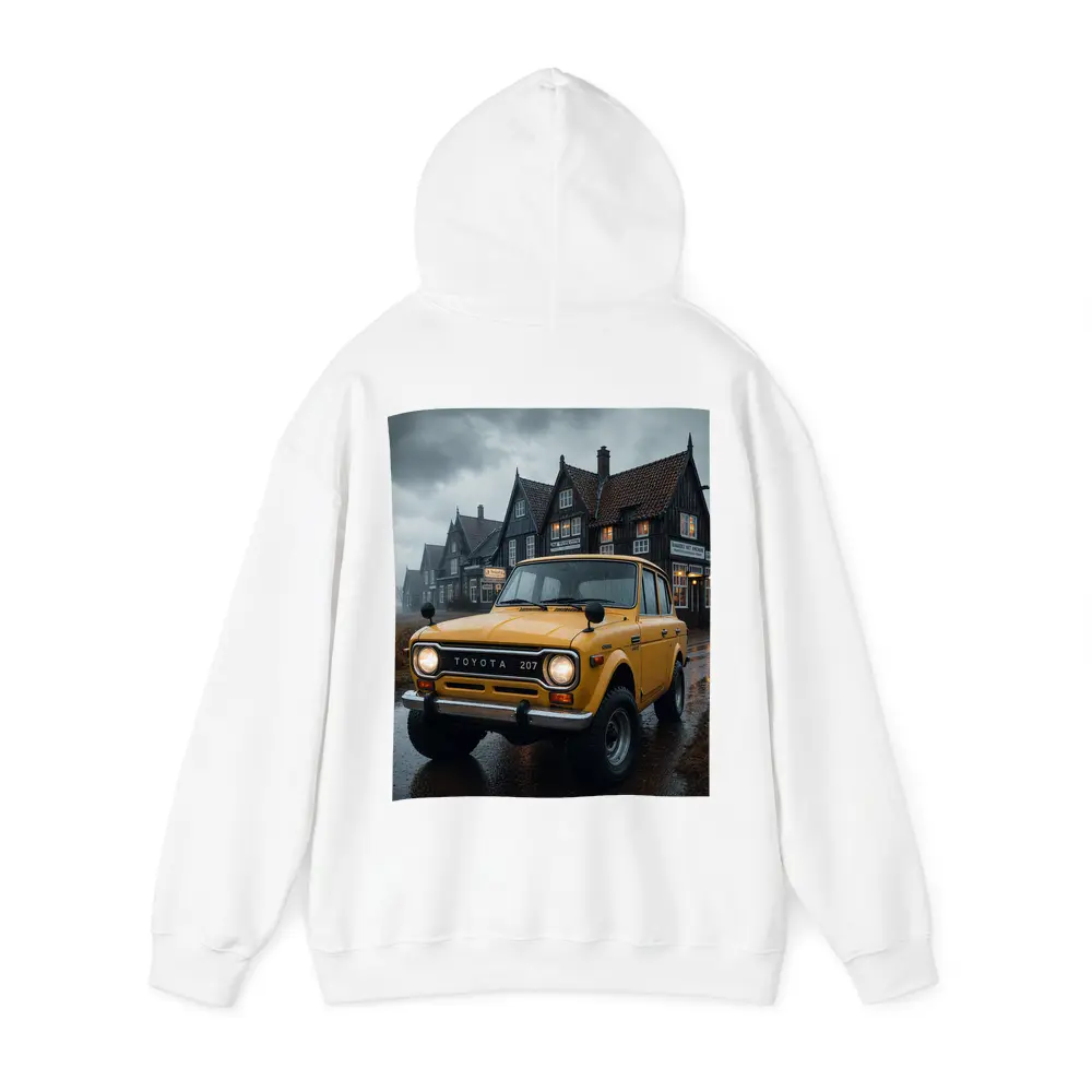 Toyota Land Cruiser Yellow Rainy Village Street – Hoodies