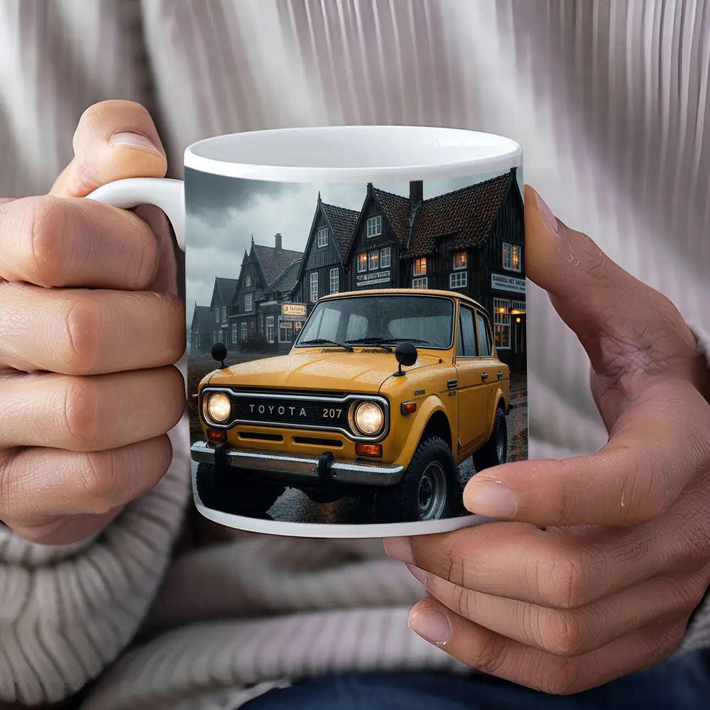 Toyota Land Cruiser Yellow Rainy Village Street – Mugs