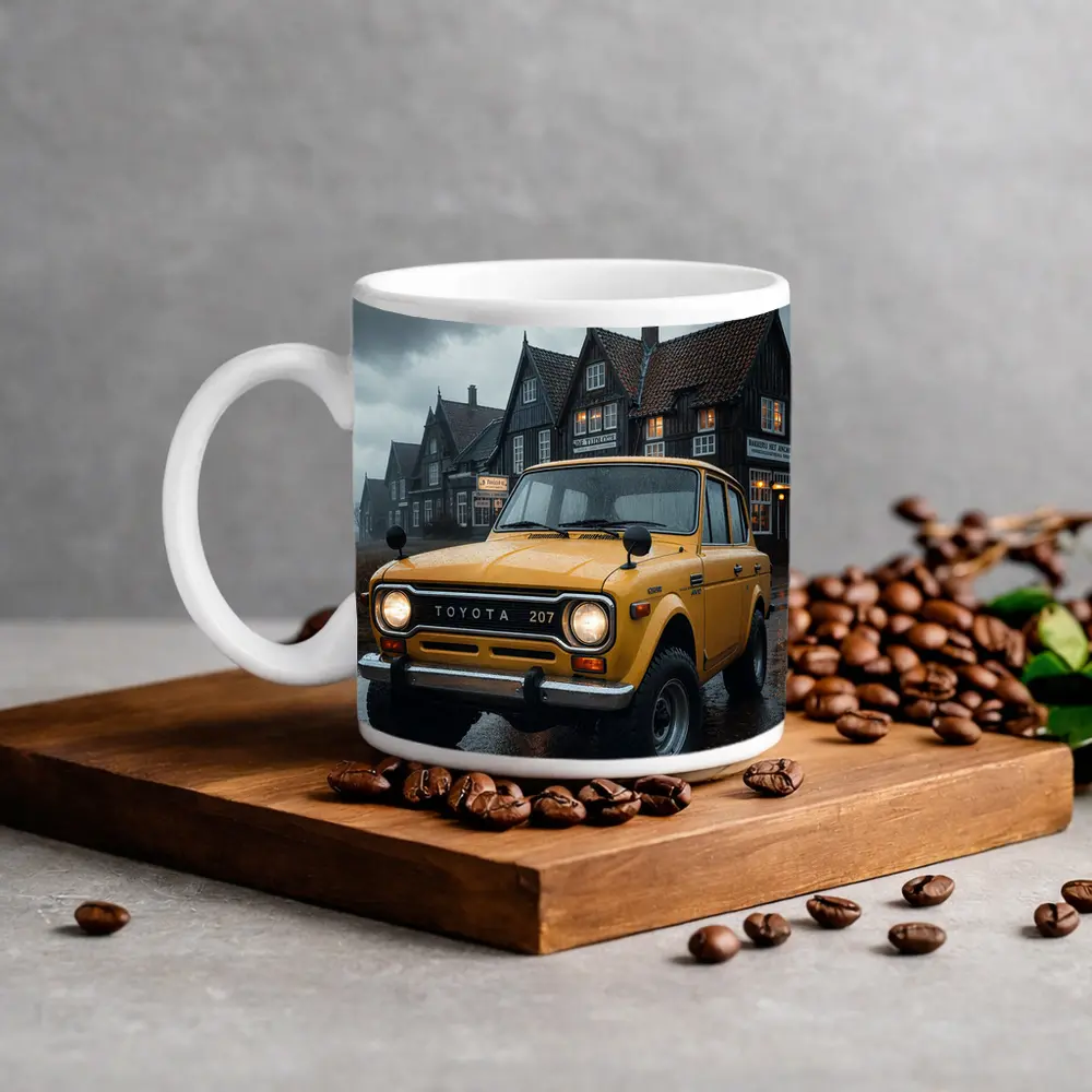 Toyota Land Cruiser Yellow Rainy Village Street – Mugs