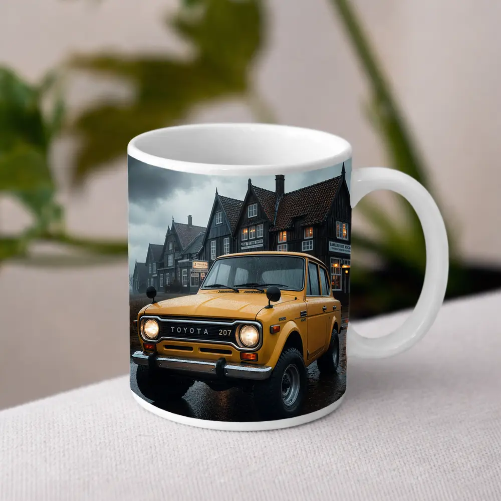 Toyota Land Cruiser Yellow Rainy Village Street – Mugs