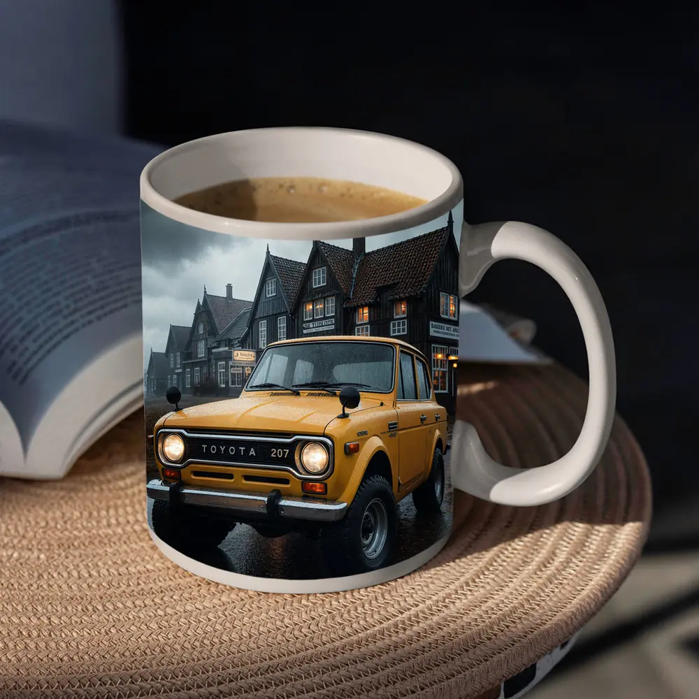 Toyota Land Cruiser Yellow Rainy Village Street – Mugs