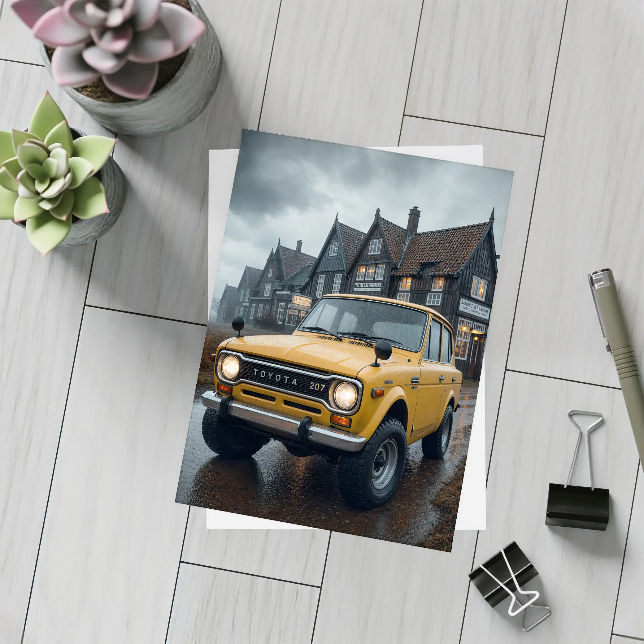 Toyota Land Cruiser Yellow Rainy Village Street – Postcards