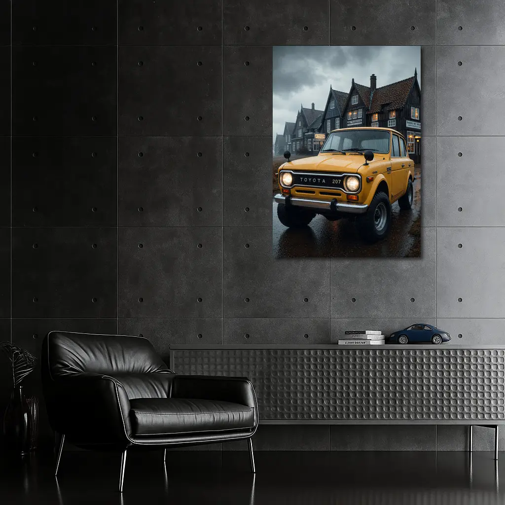 Toyota Land Cruiser Yellow Rainy Village Street – Wall Art