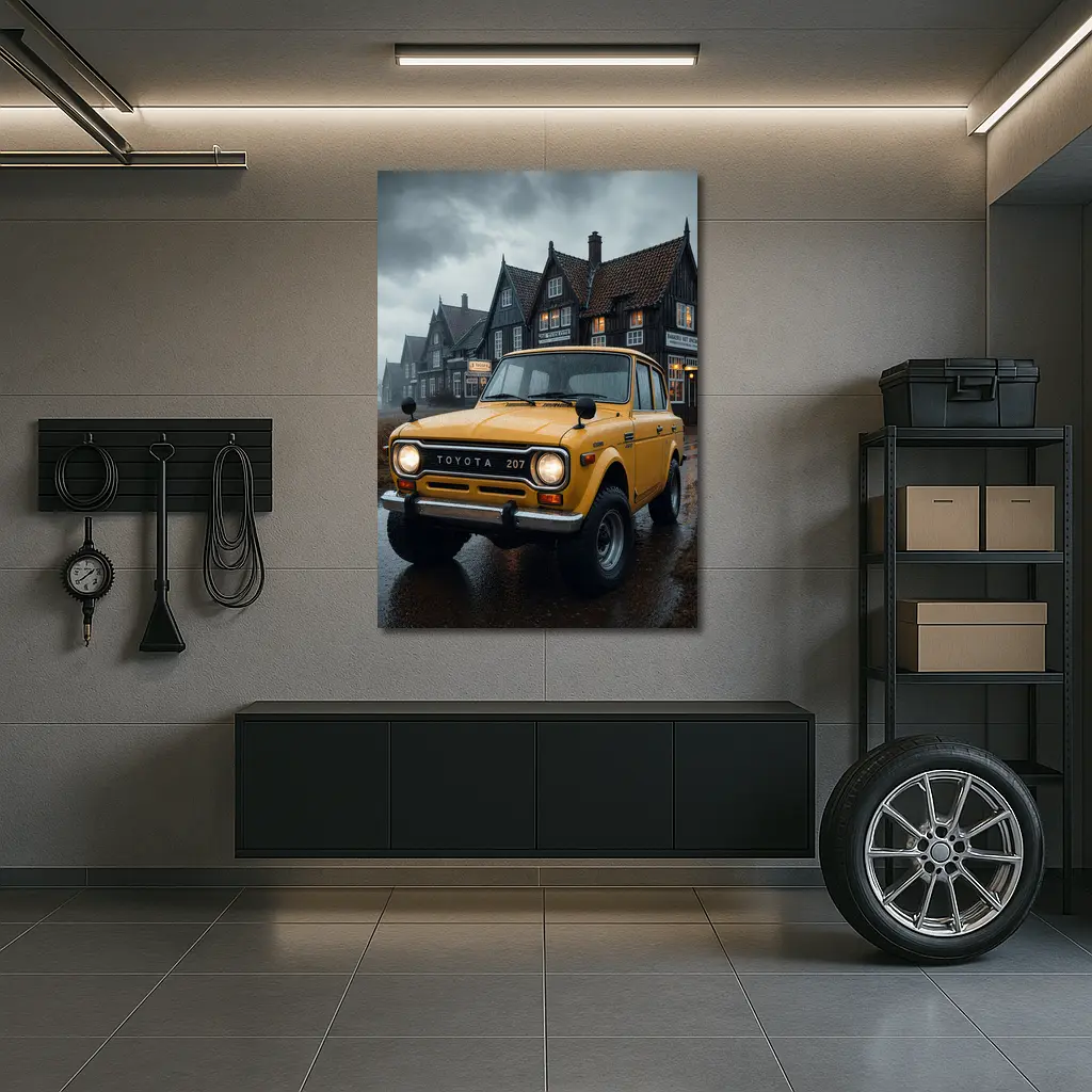 Toyota Land Cruiser Yellow Rainy Village Street – Wall Art