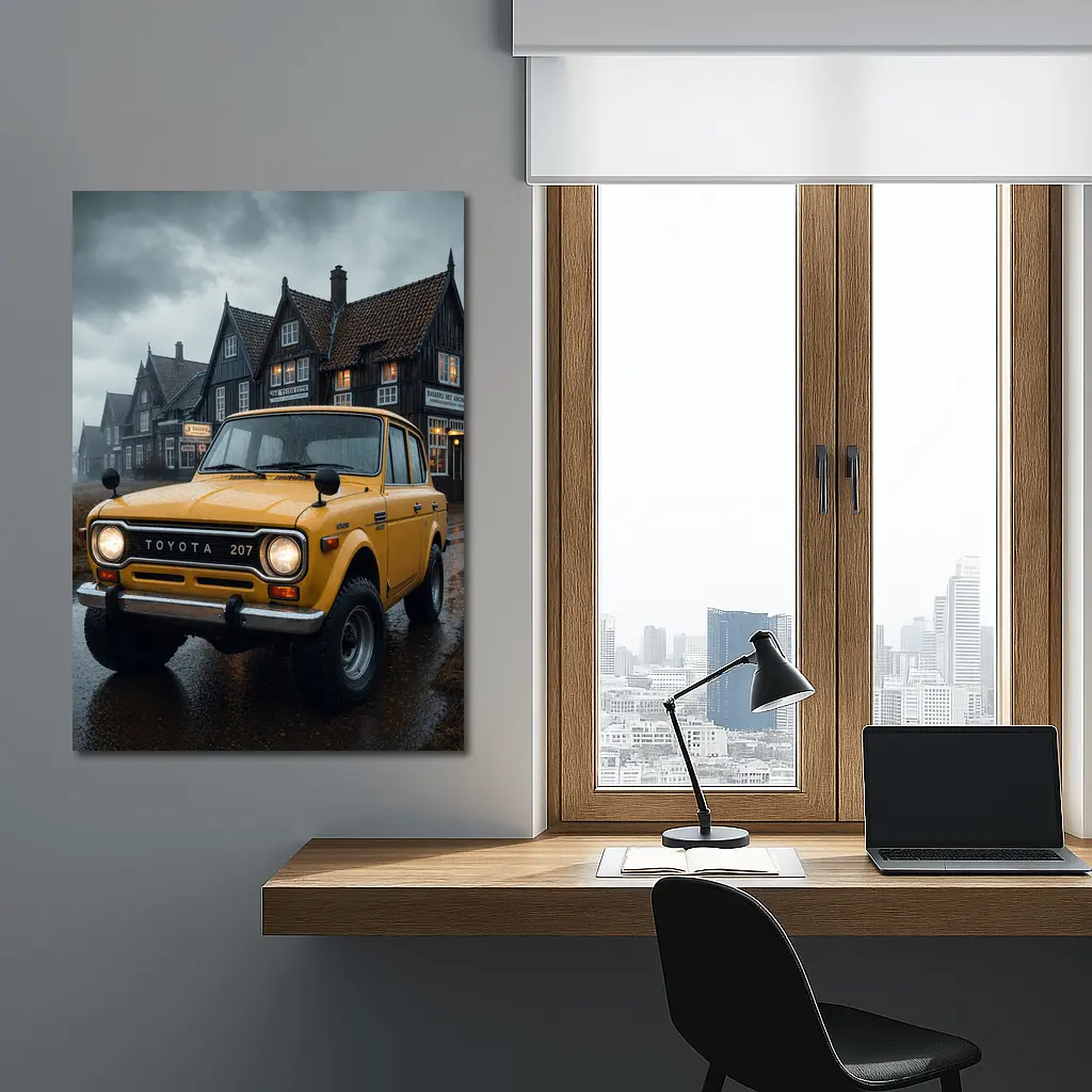 Toyota Land Cruiser Yellow Rainy Village Street – Wall Art