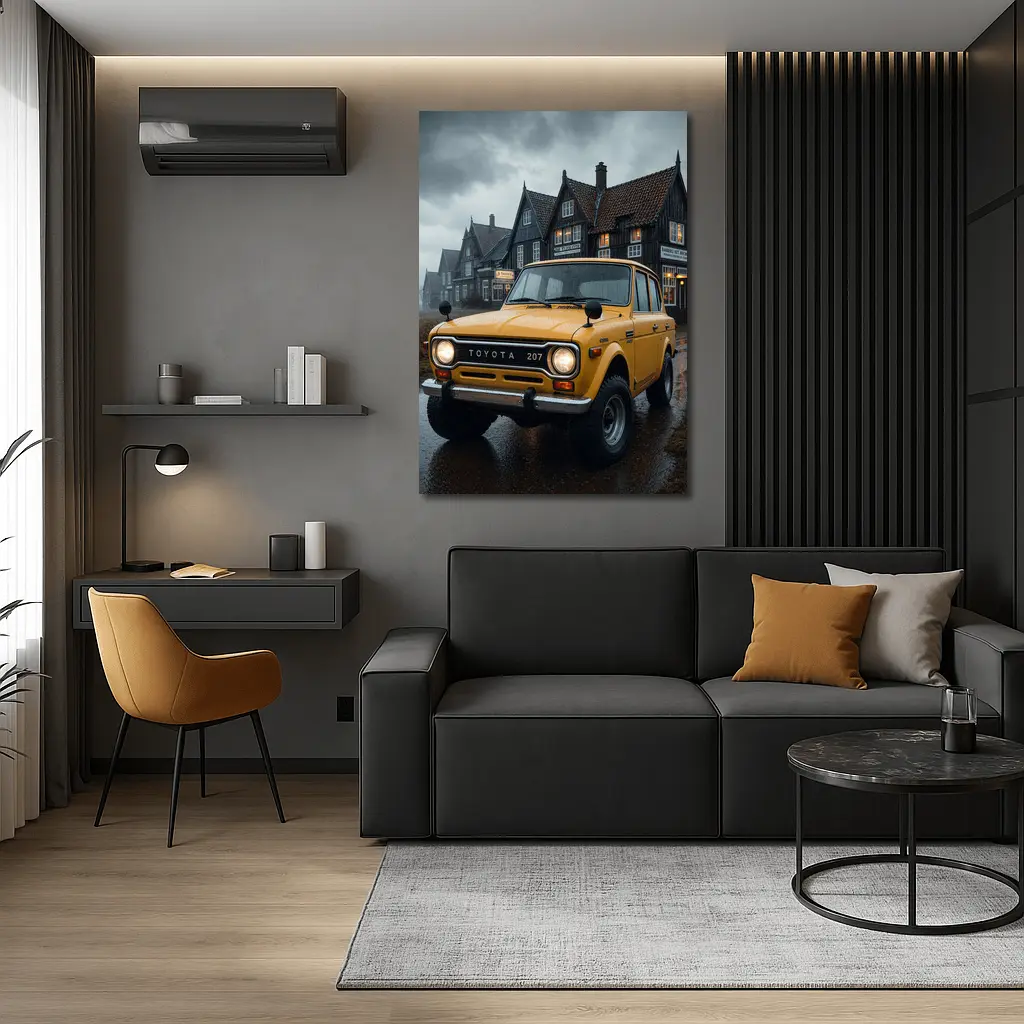 Toyota Land Cruiser Yellow Rainy Village Street – Wall Art