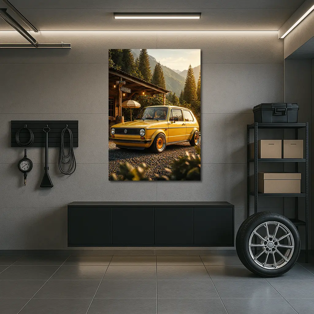 Vintage Volkswagen Golf Mk1 Yellow Mountains – Wall Art