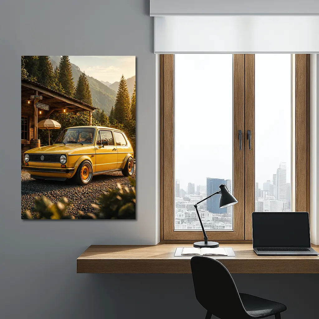 Vintage Volkswagen Golf Mk1 Yellow Mountains – Wall Art