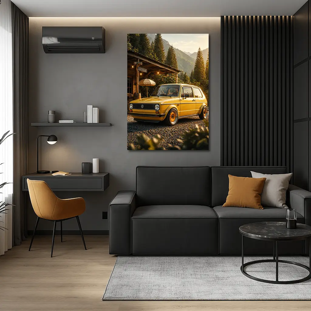 Vintage Volkswagen Golf Mk1 Yellow Mountains – Wall Art