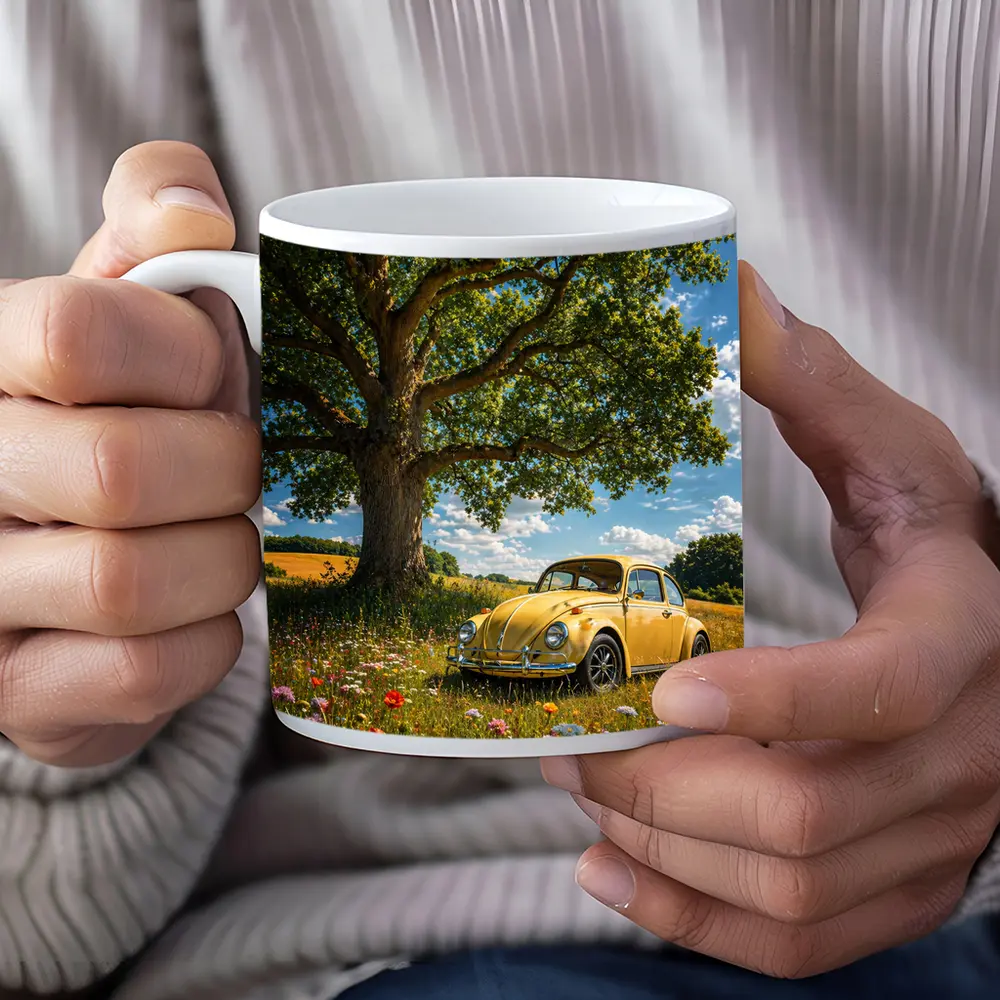 Yellow Volkswagen Beetle Wildflower Field Summer – Mugs